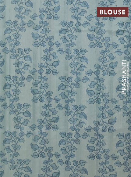 Semi raw silk saree pastel blue with plain body and long kalamkari printed embroidery border
