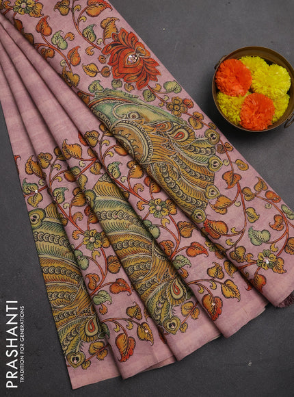 Semi raw silk saree pastel pink with plain body and long kalamkari printed embroidery border