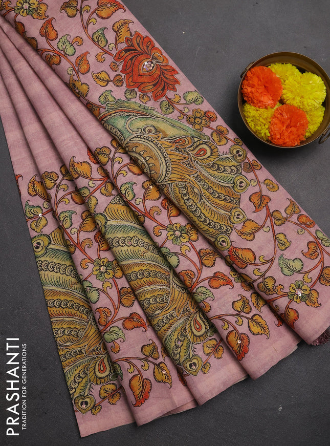 Semi raw silk saree pastel pink with plain body and long kalamkari printed embroidery border