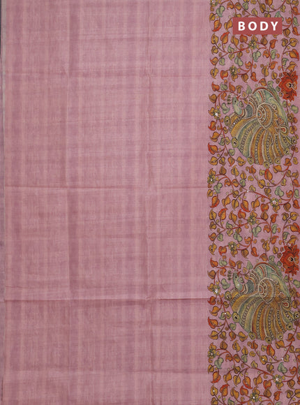 Semi raw silk saree pastel pink with plain body and long kalamkari printed embroidery border