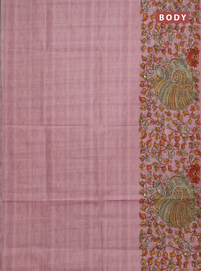 Semi raw silk saree pastel pink with plain body and long kalamkari printed embroidery border