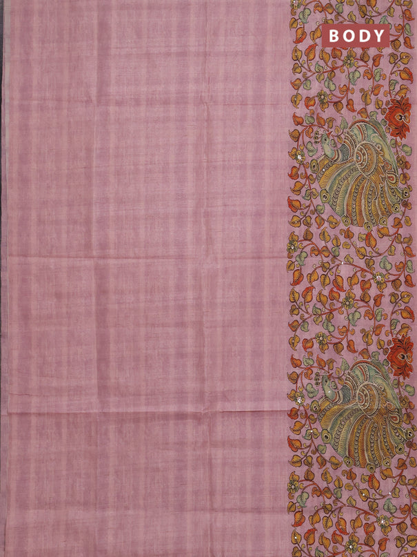 Semi raw silk saree pastel pink with plain body and long kalamkari printed embroidery border