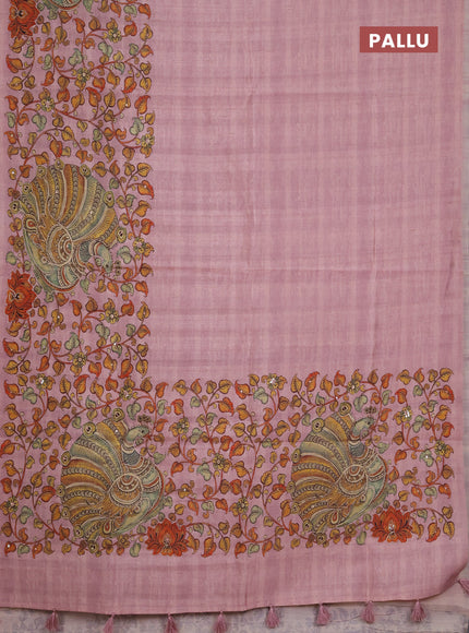 Semi raw silk saree pastel pink with plain body and long kalamkari printed embroidery border