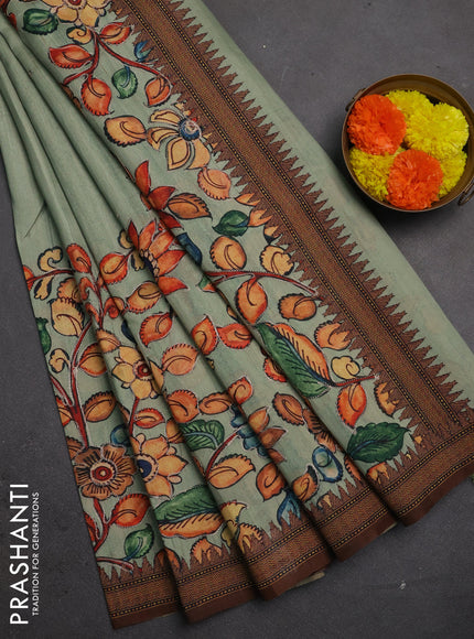 Semi raw silk saree pastel green and coffee brown with mirror embroidery buttas and long kalamkari printed embroidery border