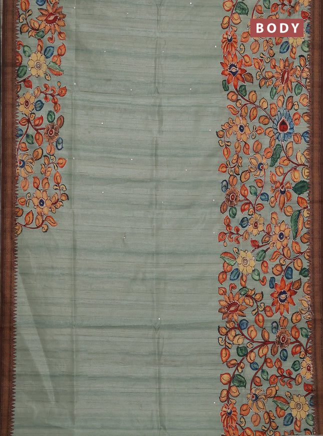 Semi raw silk saree pastel green and coffee brown with mirror embroidery buttas and long kalamkari printed embroidery border