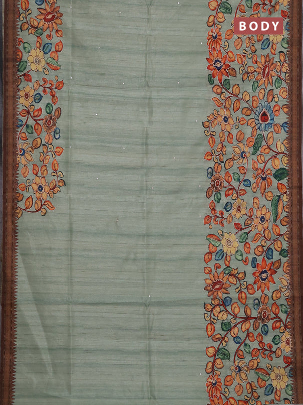 Semi raw silk saree pastel green and coffee brown with mirror embroidery buttas and long kalamkari printed embroidery border