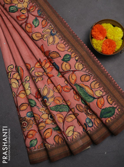 Semi raw silk saree peach and coffee brown with mirror embroidery buttas and long kalamkari printed embroidery border