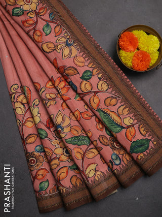 Semi raw silk saree peach and coffee brown with mirror embroidery buttas and long kalamkari printed embroidery border