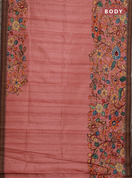 Semi raw silk saree peach and coffee brown with mirror embroidery buttas and long kalamkari printed embroidery border