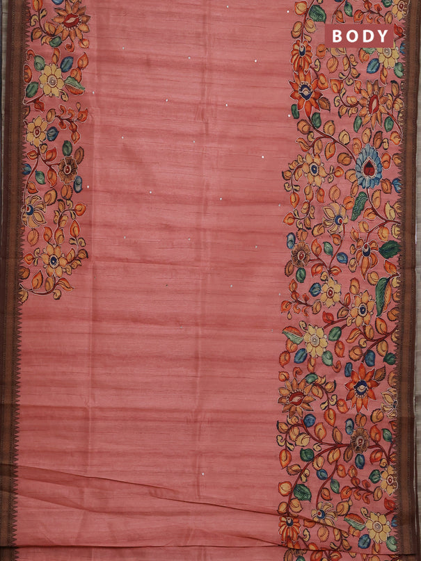 Semi raw silk saree peach and coffee brown with mirror embroidery buttas and long kalamkari printed embroidery border