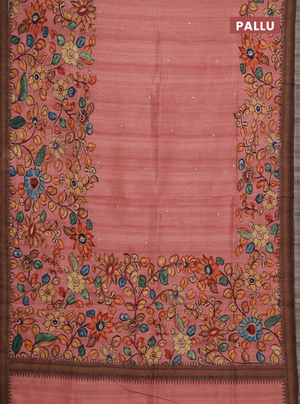 Semi raw silk saree peach and coffee brown with mirror embroidery buttas and long kalamkari printed embroidery border