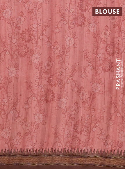 Semi raw silk saree peach and coffee brown with mirror embroidery buttas and long kalamkari printed embroidery border