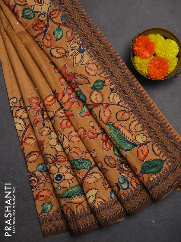 Semi raw silk saree rustic orange shade and coffee brown with mirror embroidery buttas and long kalamkari printed embroidery border