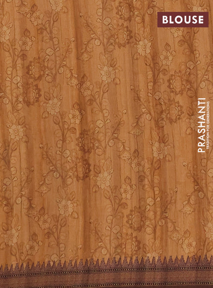 Semi raw silk saree rustic orange shade and coffee brown with mirror embroidery buttas and long kalamkari printed embroidery border