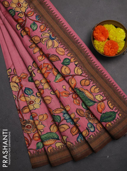 Semi raw silk saree peach pink and coffee brown with mirror embroidery buttas and long kalamkari printed embroidery border