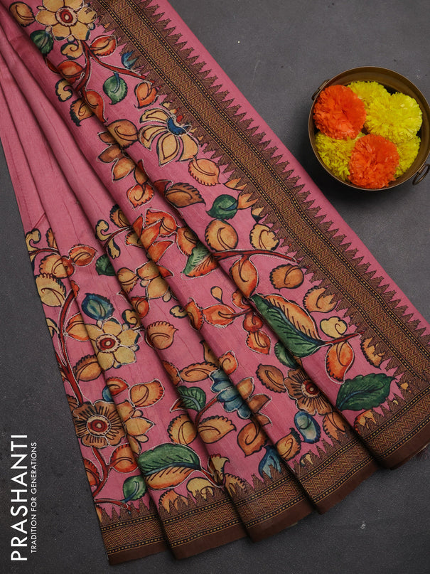 Semi raw silk saree peach pink and coffee brown with mirror embroidery buttas and long kalamkari printed embroidery border