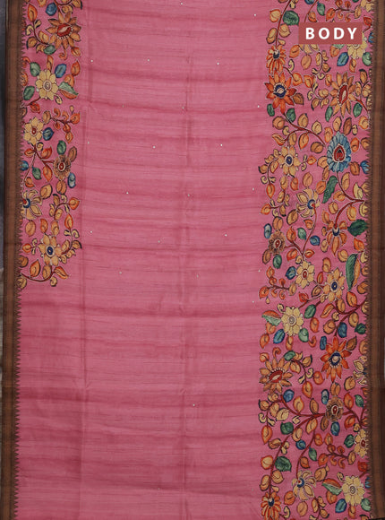Semi raw silk saree peach pink and coffee brown with mirror embroidery buttas and long kalamkari printed embroidery border
