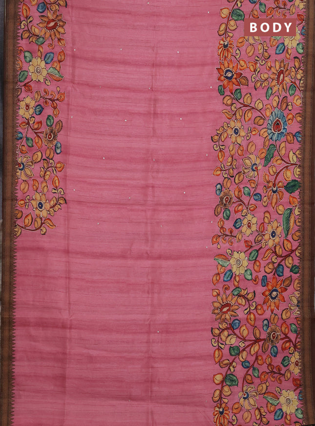 Semi raw silk saree peach pink and coffee brown with mirror embroidery buttas and long kalamkari printed embroidery border