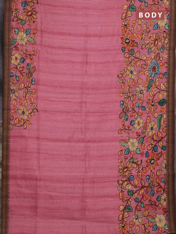 Semi raw silk saree peach pink and coffee brown with mirror embroidery buttas and long kalamkari printed embroidery border