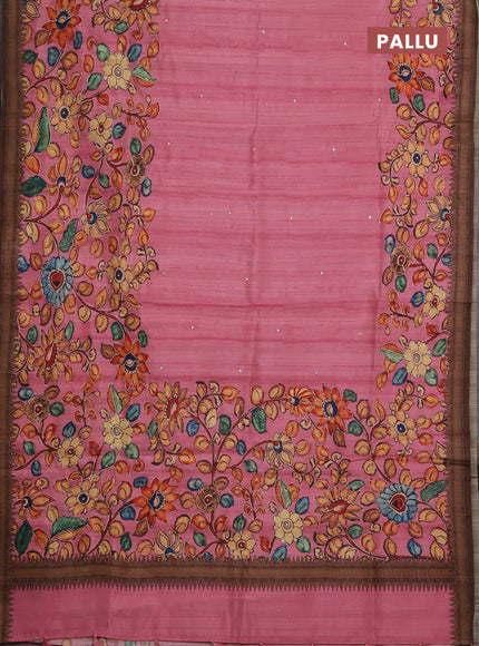 Semi raw silk saree peach pink and coffee brown with mirror embroidery buttas and long kalamkari printed embroidery border