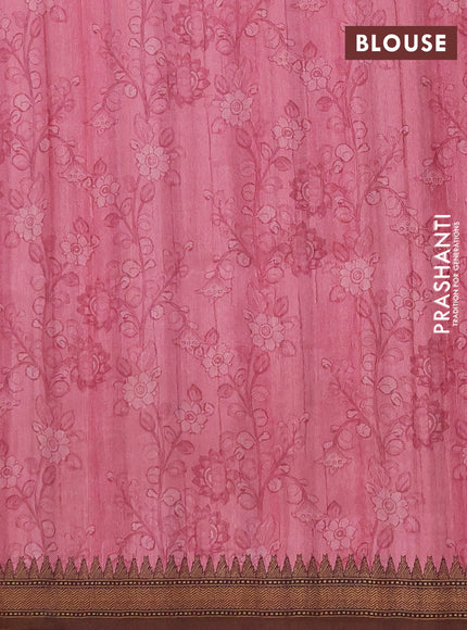 Semi raw silk saree peach pink and coffee brown with mirror embroidery buttas and long kalamkari printed embroidery border