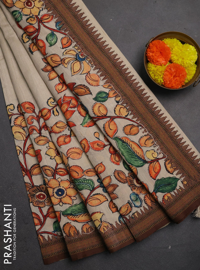 Semi raw silk saree beige and coffee brown with mirror embroidery buttas and long kalamkari printed embroidery border