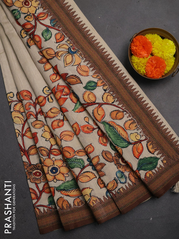 Semi raw silk saree beige and coffee brown with mirror embroidery buttas and long kalamkari printed embroidery border