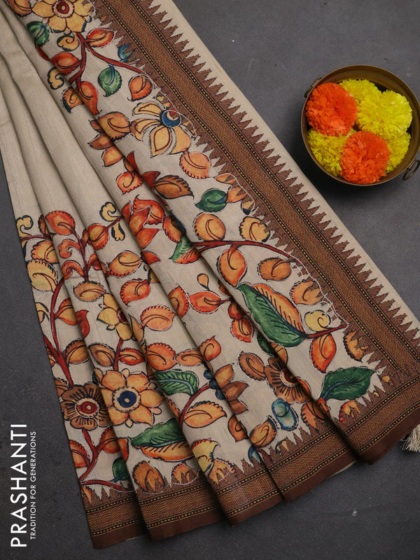 Semi raw silk saree beige and coffee brown with mirror embroidery buttas and long kalamkari printed embroidery border
