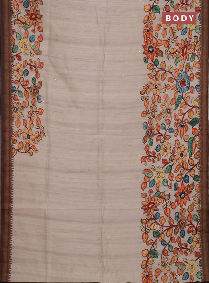 Semi raw silk saree beige and coffee brown with mirror embroidery buttas and long kalamkari printed embroidery border