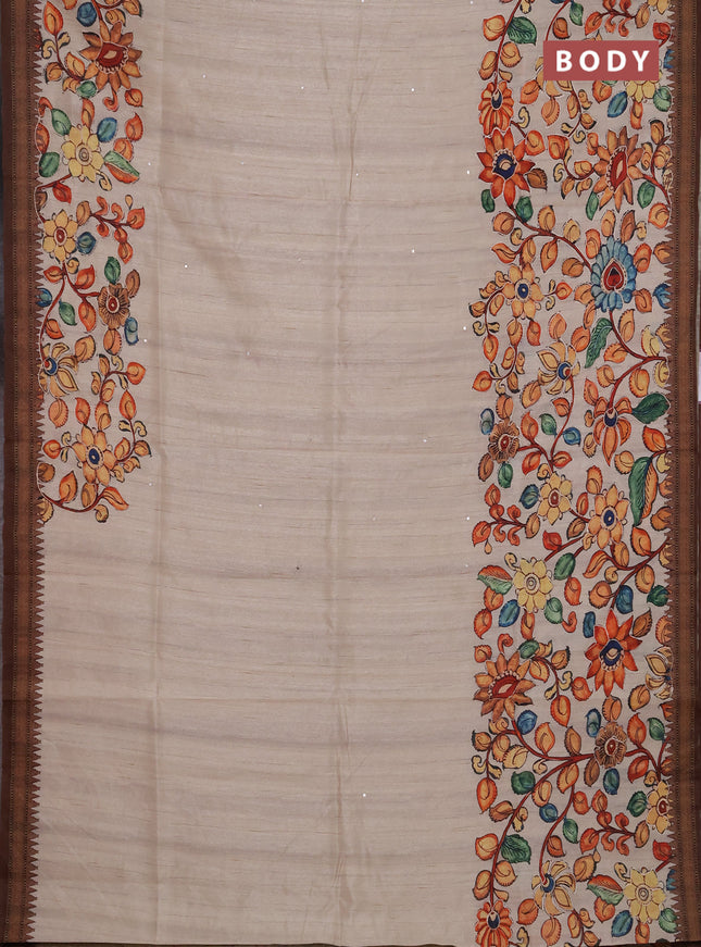 Semi raw silk saree beige and coffee brown with mirror embroidery buttas and long kalamkari printed embroidery border