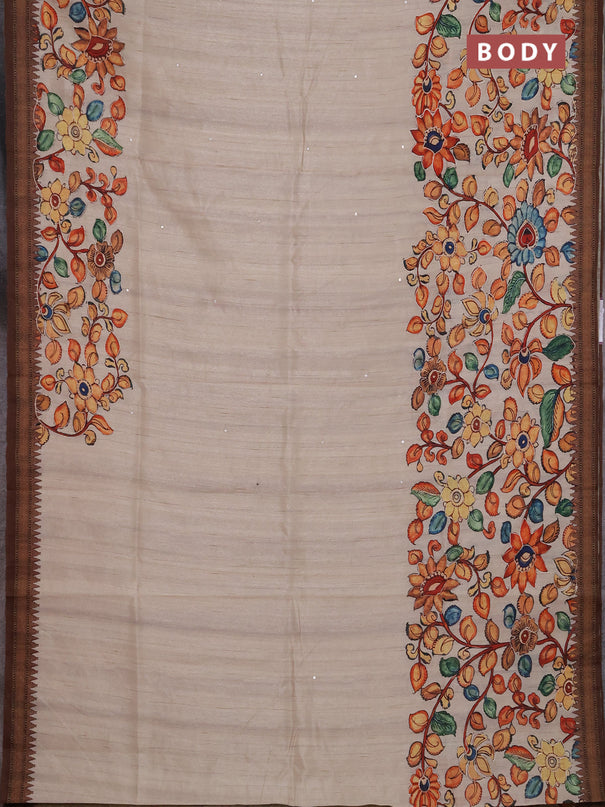 Semi raw silk saree beige and coffee brown with mirror embroidery buttas and long kalamkari printed embroidery border