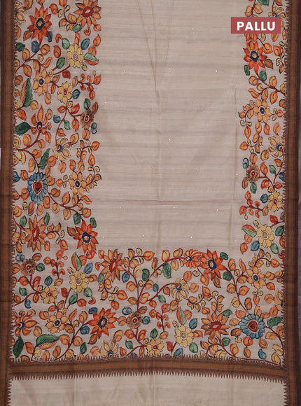 Semi raw silk saree beige and coffee brown with mirror embroidery buttas and long kalamkari printed embroidery border
