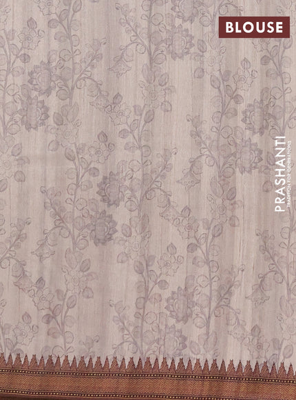 Semi raw silk saree beige and coffee brown with mirror embroidery buttas and long kalamkari printed embroidery border