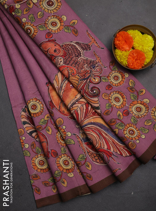 Semi raw silk saree onion pink and coffee brown with plain body and long kalamkari printed embroidery border