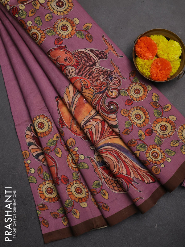 Semi raw silk saree onion pink and coffee brown with plain body and long kalamkari printed embroidery border