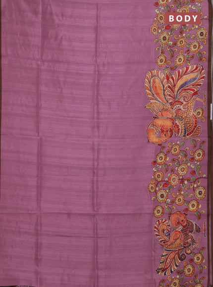 Semi raw silk saree onion pink and coffee brown with plain body and long kalamkari printed embroidery border