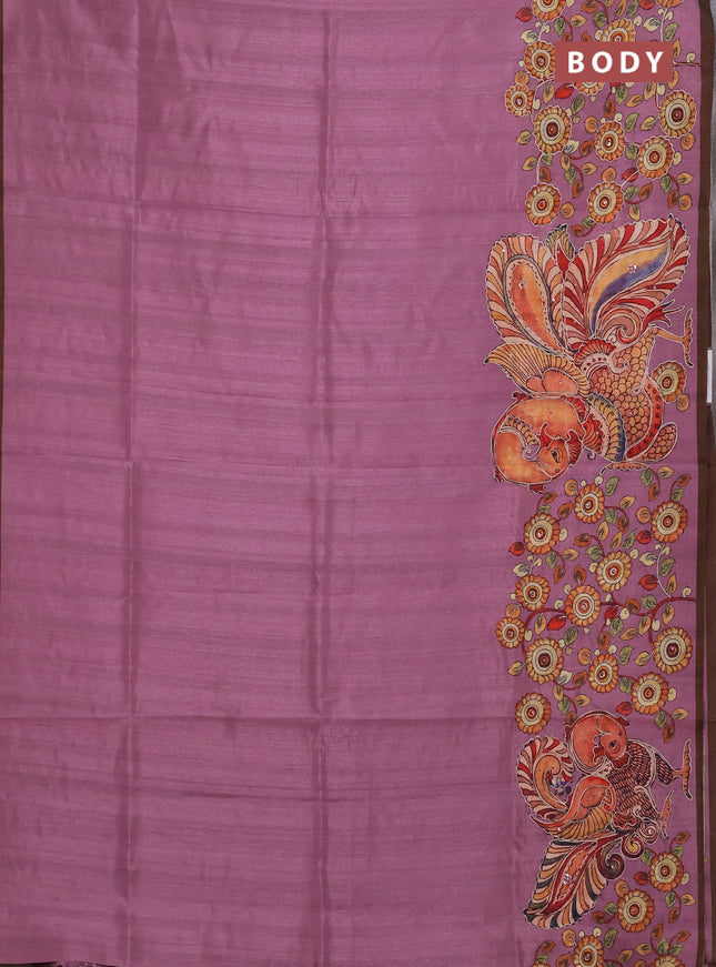 Semi raw silk saree onion pink and coffee brown with plain body and long kalamkari printed embroidery border