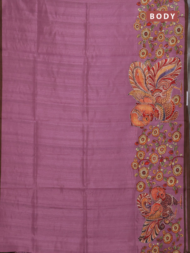 Semi raw silk saree onion pink and coffee brown with plain body and long kalamkari printed embroidery border
