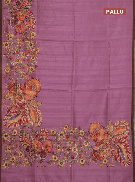 Semi raw silk saree onion pink and coffee brown with plain body and long kalamkari printed embroidery border
