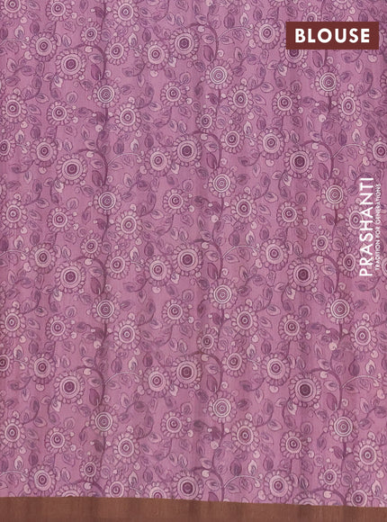 Semi raw silk saree onion pink and coffee brown with plain body and long kalamkari printed embroidery border