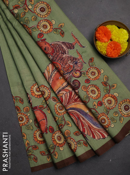 Semi raw silk saree elaichi green and coffee brown with plain body and long kalamkari printed embroidery border