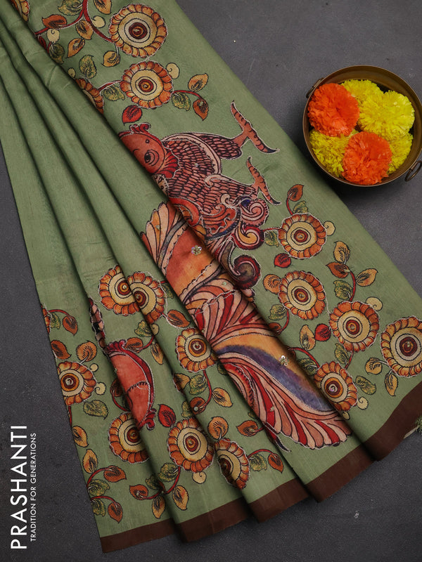 Semi raw silk saree elaichi green and coffee brown with plain body and long kalamkari printed embroidery border