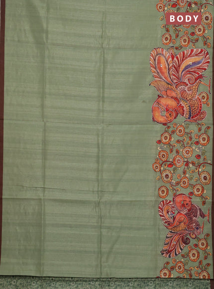 Semi raw silk saree elaichi green and coffee brown with plain body and long kalamkari printed embroidery border