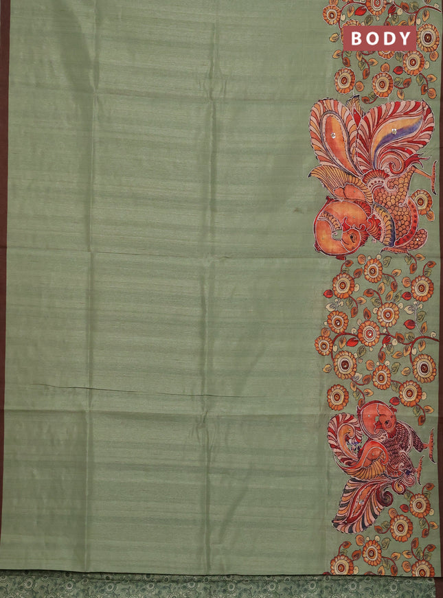 Semi raw silk saree elaichi green and coffee brown with plain body and long kalamkari printed embroidery border