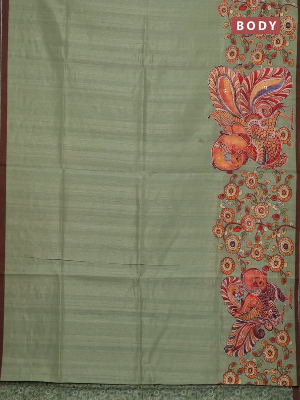 Semi raw silk saree elaichi green and coffee brown with plain body and long kalamkari printed embroidery border