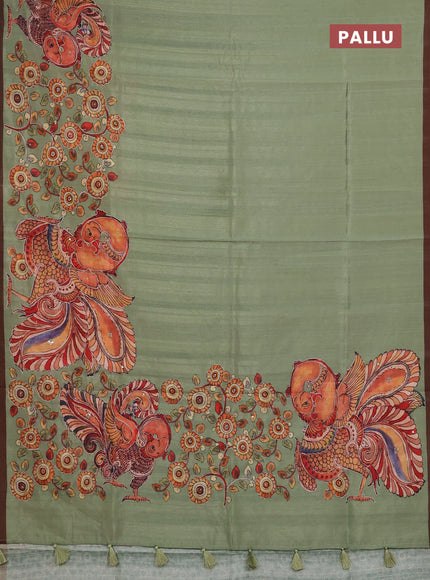 Semi raw silk saree elaichi green and coffee brown with plain body and long kalamkari printed embroidery border