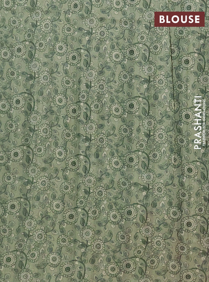 Semi raw silk saree elaichi green and coffee brown with plain body and long kalamkari printed embroidery border