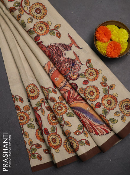 Semi raw silk saree beige and coffee brown with plain body and long kalamkari printed embroidery border