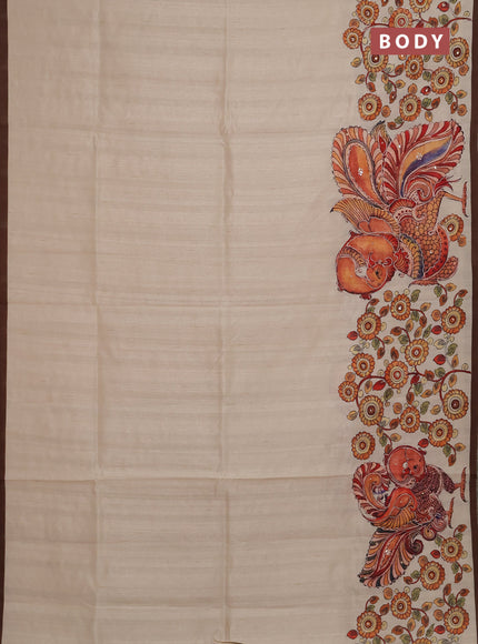 Semi raw silk saree beige and coffee brown with plain body and long kalamkari printed embroidery border