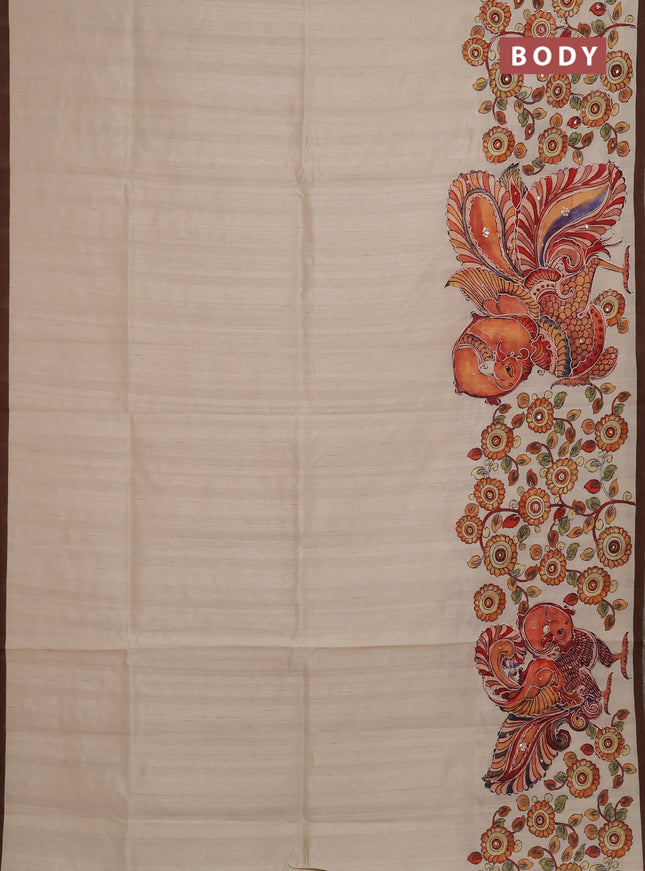 Semi raw silk saree beige and coffee brown with plain body and long kalamkari printed embroidery border